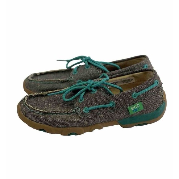 Twisted X Eco Boat Shoe Driving Mocs Brown Canvas Teal Lace Up Comfort Womens 6 - Picture 2 of 11